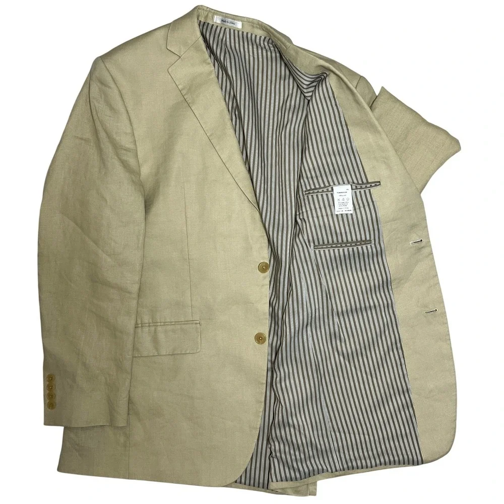 Calvin Klein Mens Linen‎ Beige Blazer Jacket 40L Two Button Striped Lined